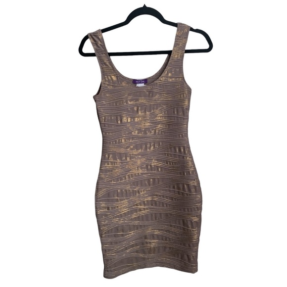 ❄️3/$15❄️ NWT Hot Gal Dress Sz Small Gold Tan Bronze Brown Bodycon Dress Sparkle - Picture 1 of 5